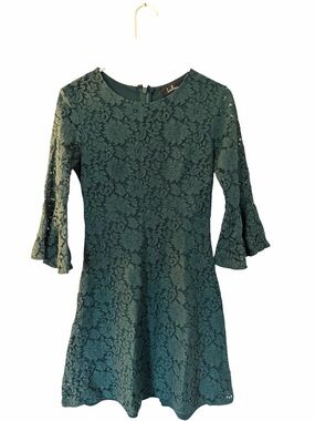 Lulus Emerald Green Lace Dress XS Bell Sleeve Fit & Flare Floral